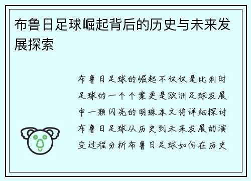 布鲁日足球崛起背后的历史与未来发展探索 布鲁日足球崛起背后的历史与未来发展探索